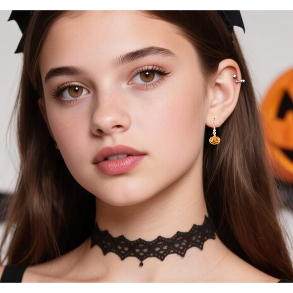 Solid 925 Sterling Silver Halloween Pumpkin Drop Earrings for Women Teens Tiny P - Picture 2 of 7